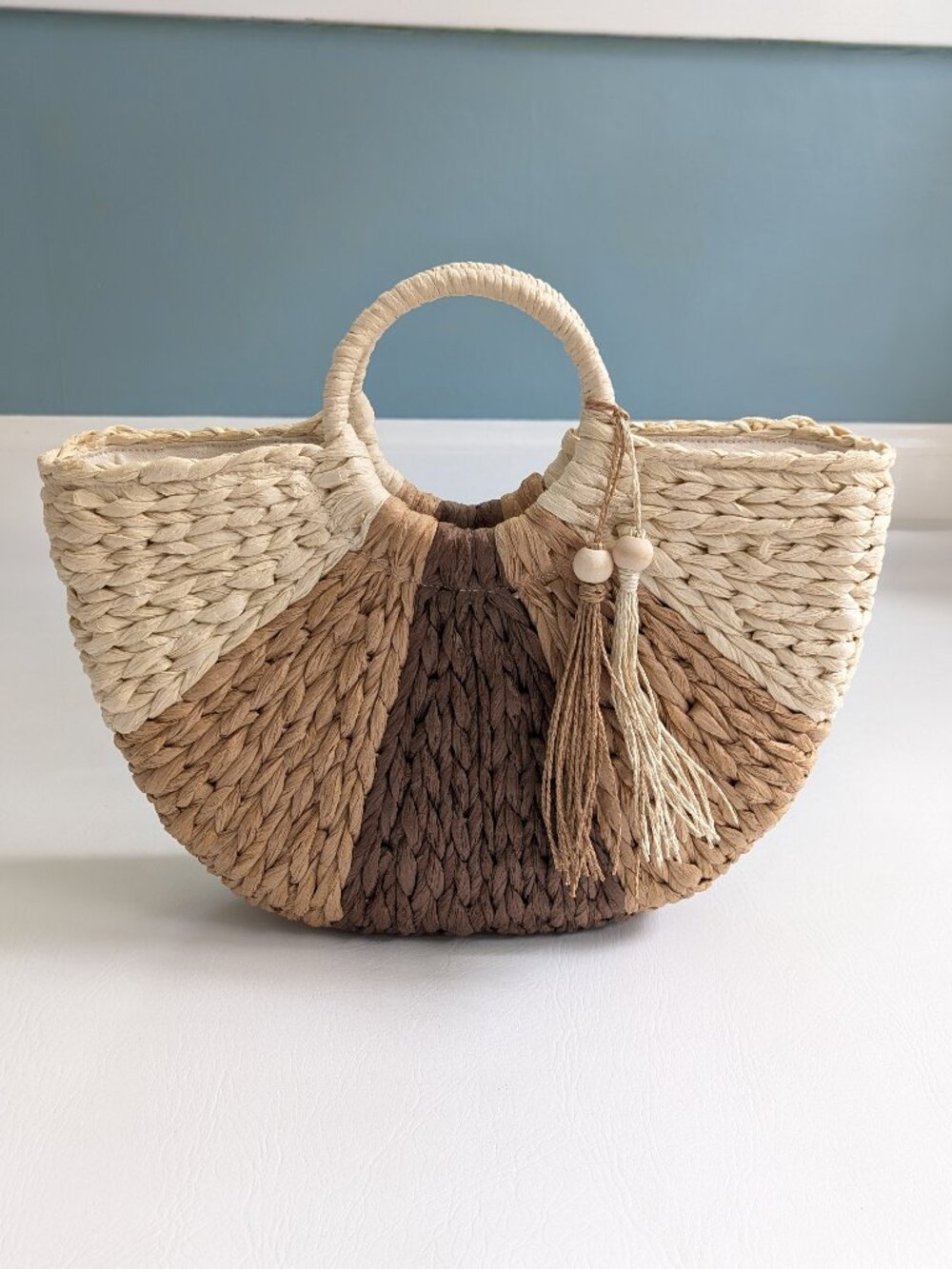 Dolce Vita Estelle Raffia Bag Crescent Shape Color Block W Tassle Boho